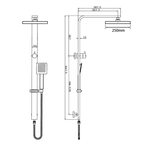 10" Square Chrome Wide Rail Shower Station Top Water Inlet with 3 Functions Handheld