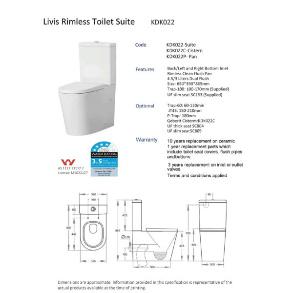 KDK022R-MB - Avis Rimless Toilet Suite MATT BLACK