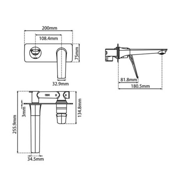 AU Series Square Black Bathtub/Basin Wall Mixer With Spout