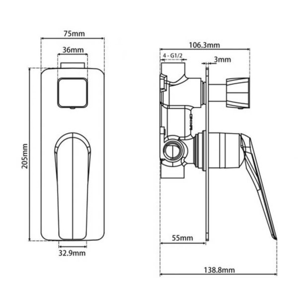 AU Series Square Black Shower/Bath Wall Mixer with Diverter