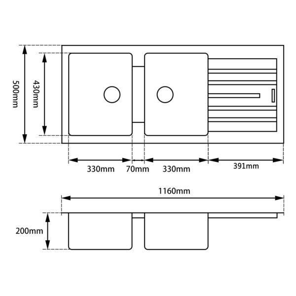 Black Granite Quartz Stone Kitchen Sink Double Bowls Drainboard Top/Undermount 1160X500X200mm