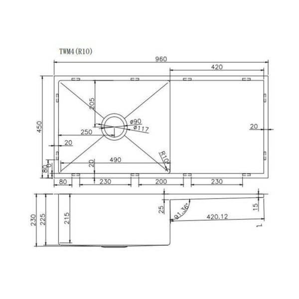 304 Stainless Steel Hand-made Single Bowl Kitchen Sink(Round Edges) 960*450*230mm