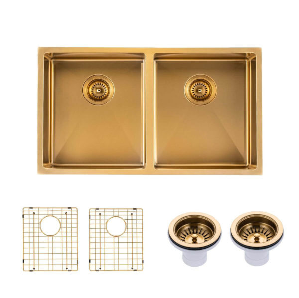 Brushed Gold 770x450x215mm 1.2mm Handmade Top/Undermount Double Bowls Kitchen Sink