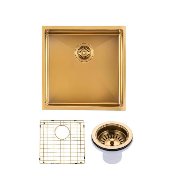 Brushed Gold 440x440x205mm Satin Stainless Steel Handmade Single Bowl Sink for Flush Mount and Undermount