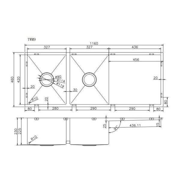 304 Stainless Steel Hand-made Double Bowl Kitchen Sink(Round Edges)1160X460X230mm(with Drainer)